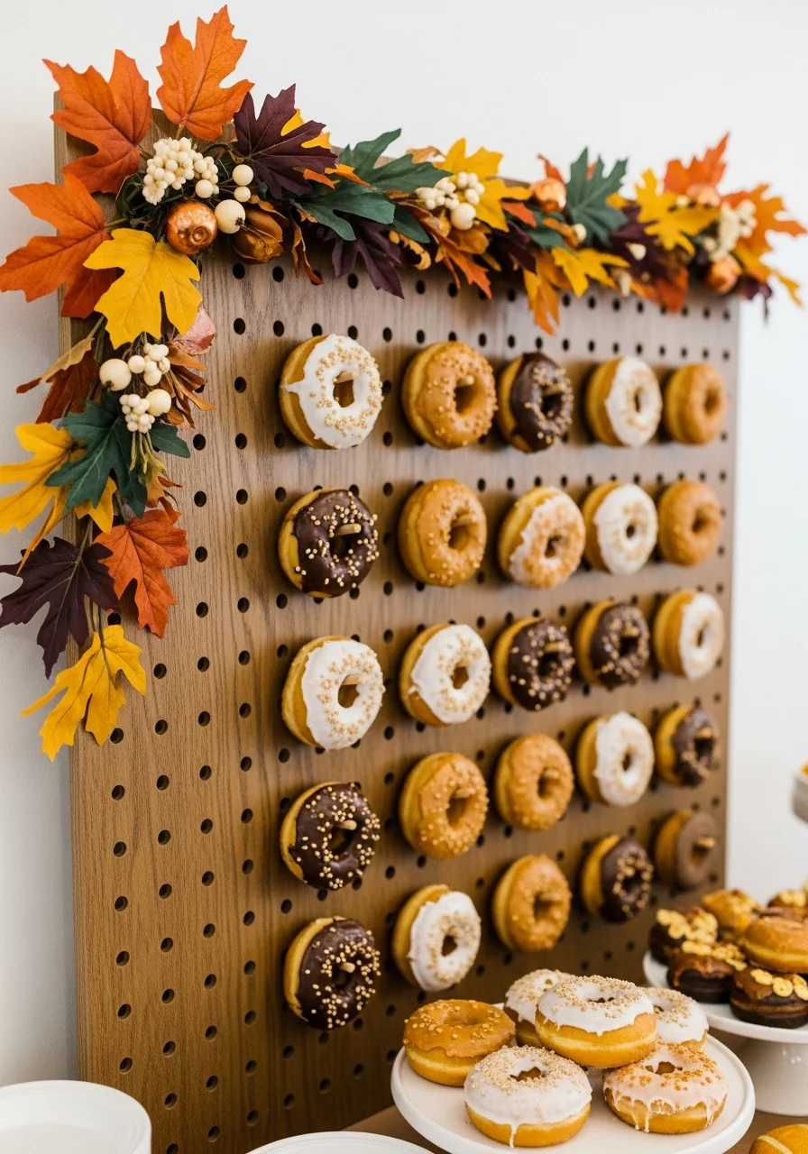 A vertical wooden donut wall featuring pumpkin and cider donuts with fall leaf accents.