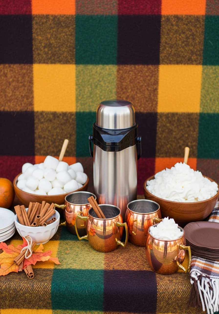 A hot cocoa station with copper mugs, marshmallows, and a plaid backdrop.