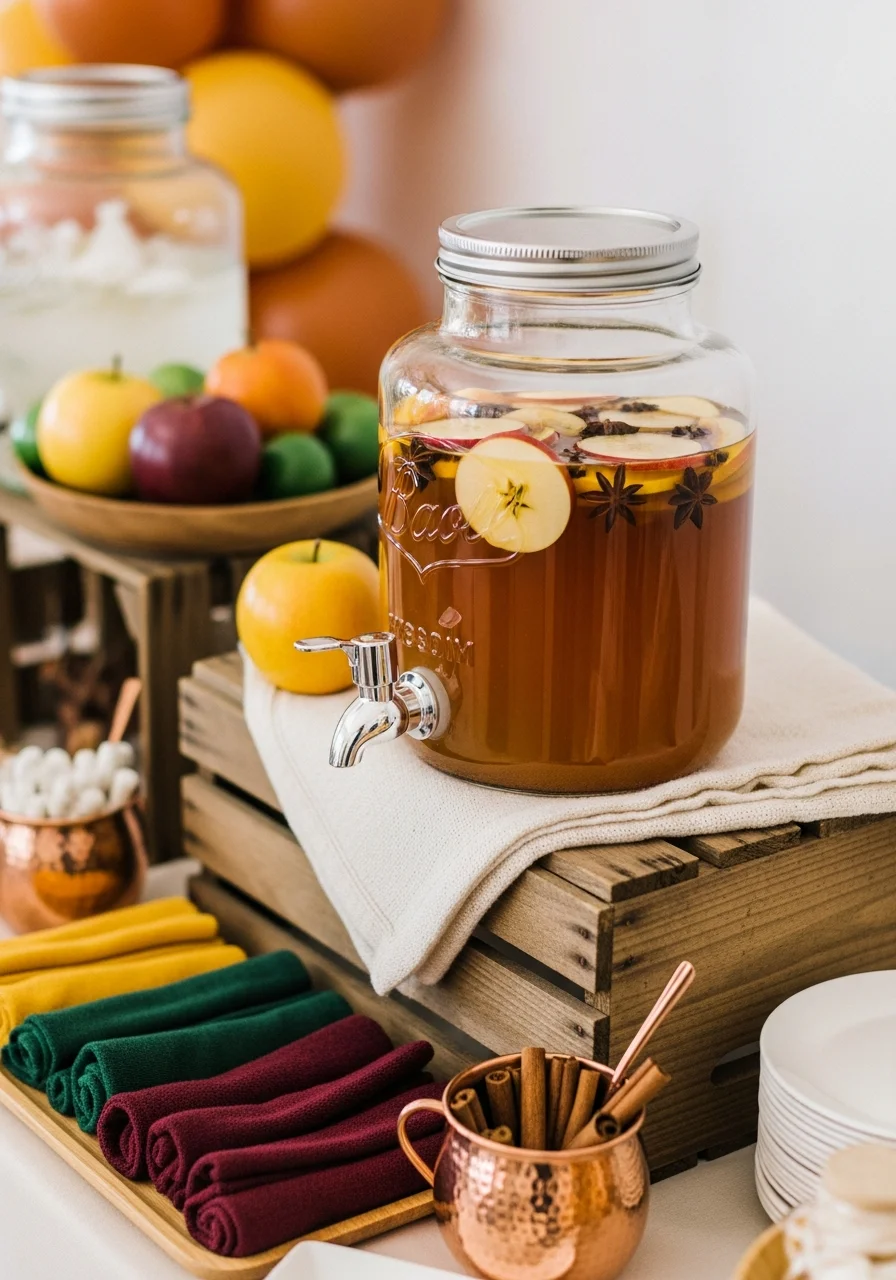 A glass cider dispenser on a wooden crate filled with apple slices and star anise.