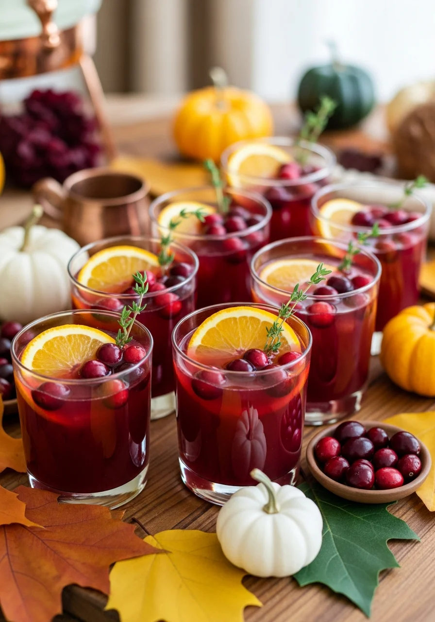 Cranberry orange mocktails in elegant glassware with thyme garnishes.