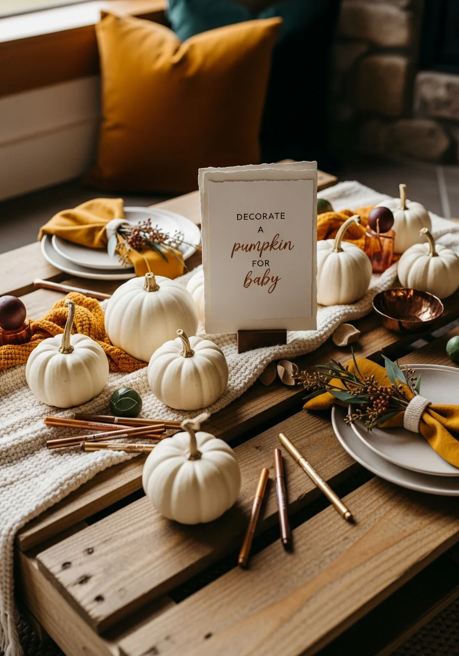 A pumpkin decorating station with mini white pumpkins and metallic paint pens.