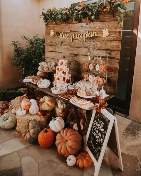 Rustic Pumpkin Dessert Station fall themed baby shower ideas