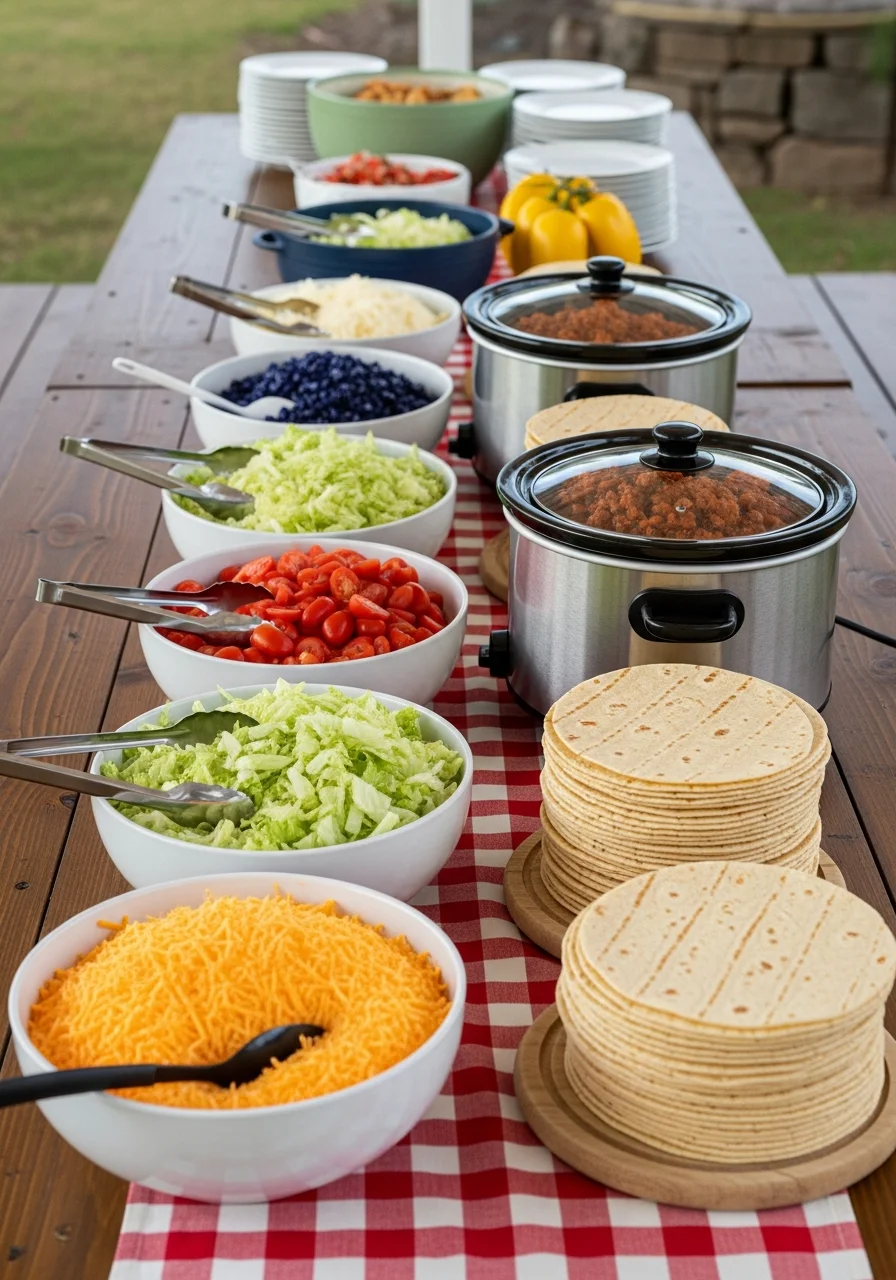 A rustic outdoor taco bar with various toppings and slow cookers on a checkered cloth.