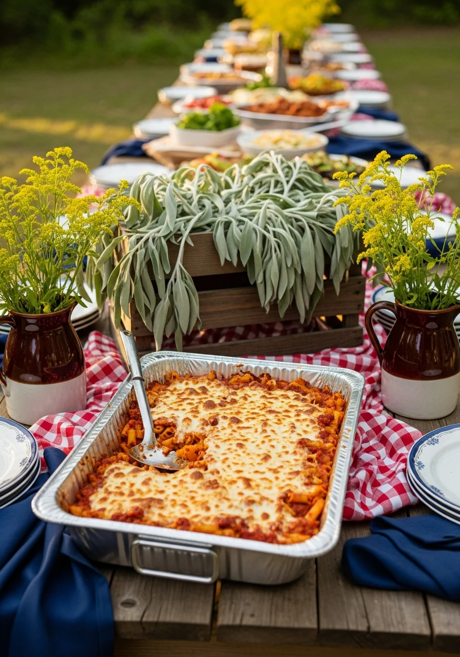A large pan of baked ziti with melted cheese and a serving spoon.