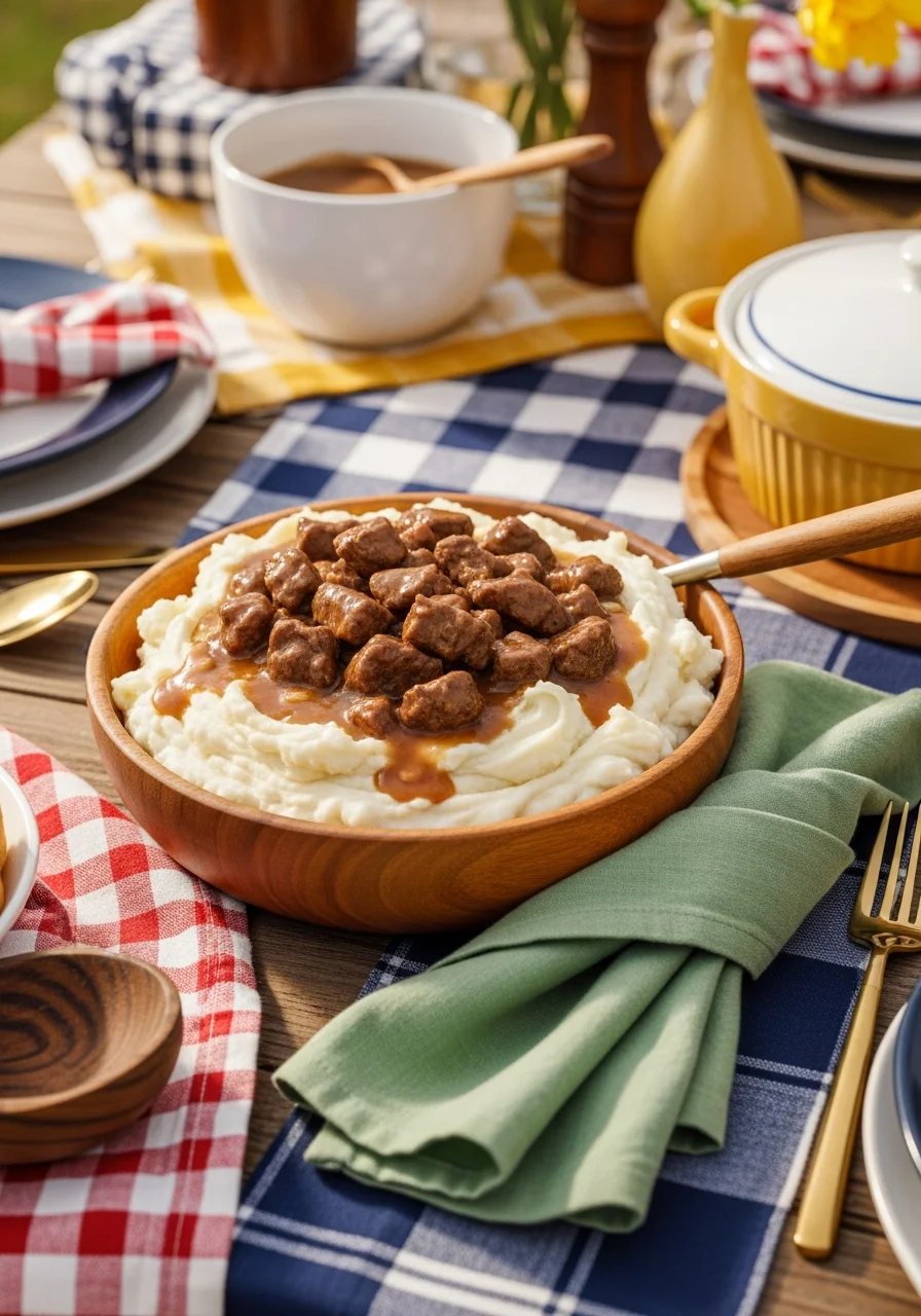 Beef tips and gravy served over mashed potatoes in a wooden bowl.
