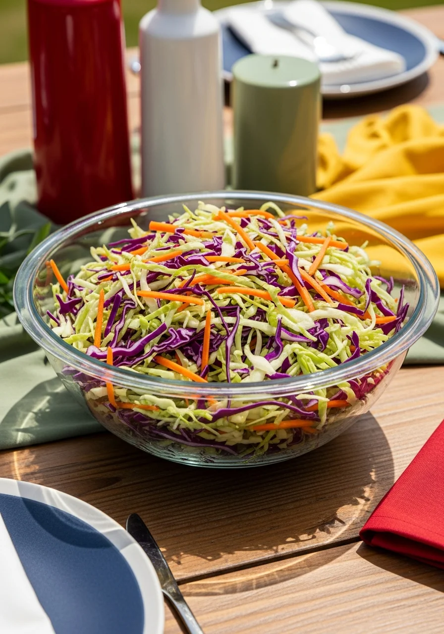 A colorful vinegar-based coleslaw in a glass bowl on a wooden table.