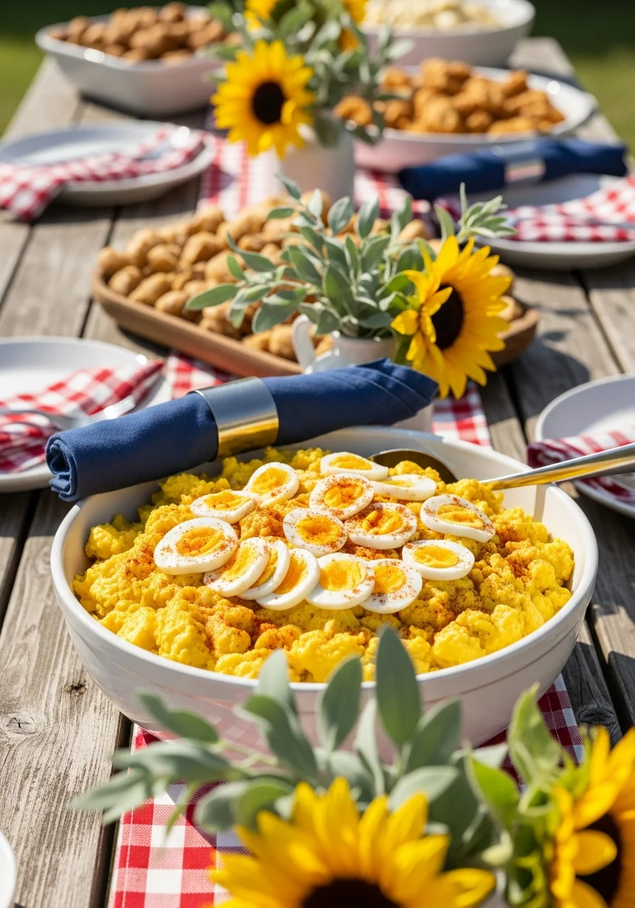 Classic mustard potato salad in a white bowl garnished with egg slices.