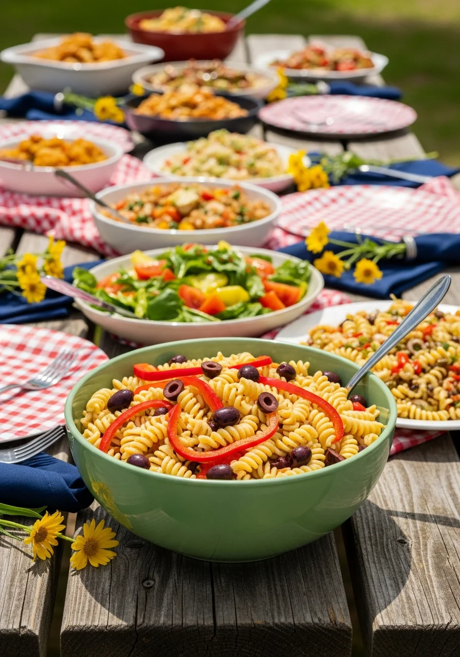 Pasta salad with colorful vegetables in a sage green bowl.