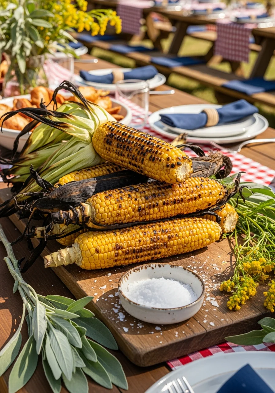 Grilled corn on the cob with charred husks on a wooden board.