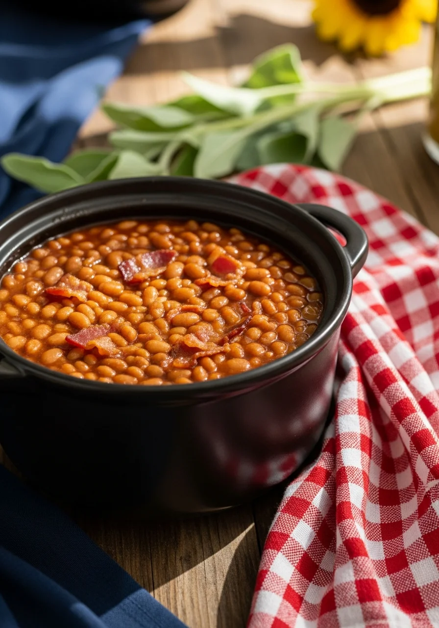 A ceramic pot of baked beans with bacon on a red and white cloth.