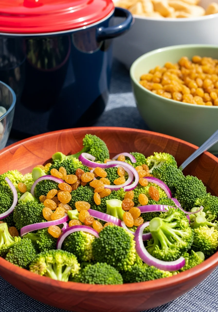 Broccoli salad with raisins and onions in a wooden bowl.