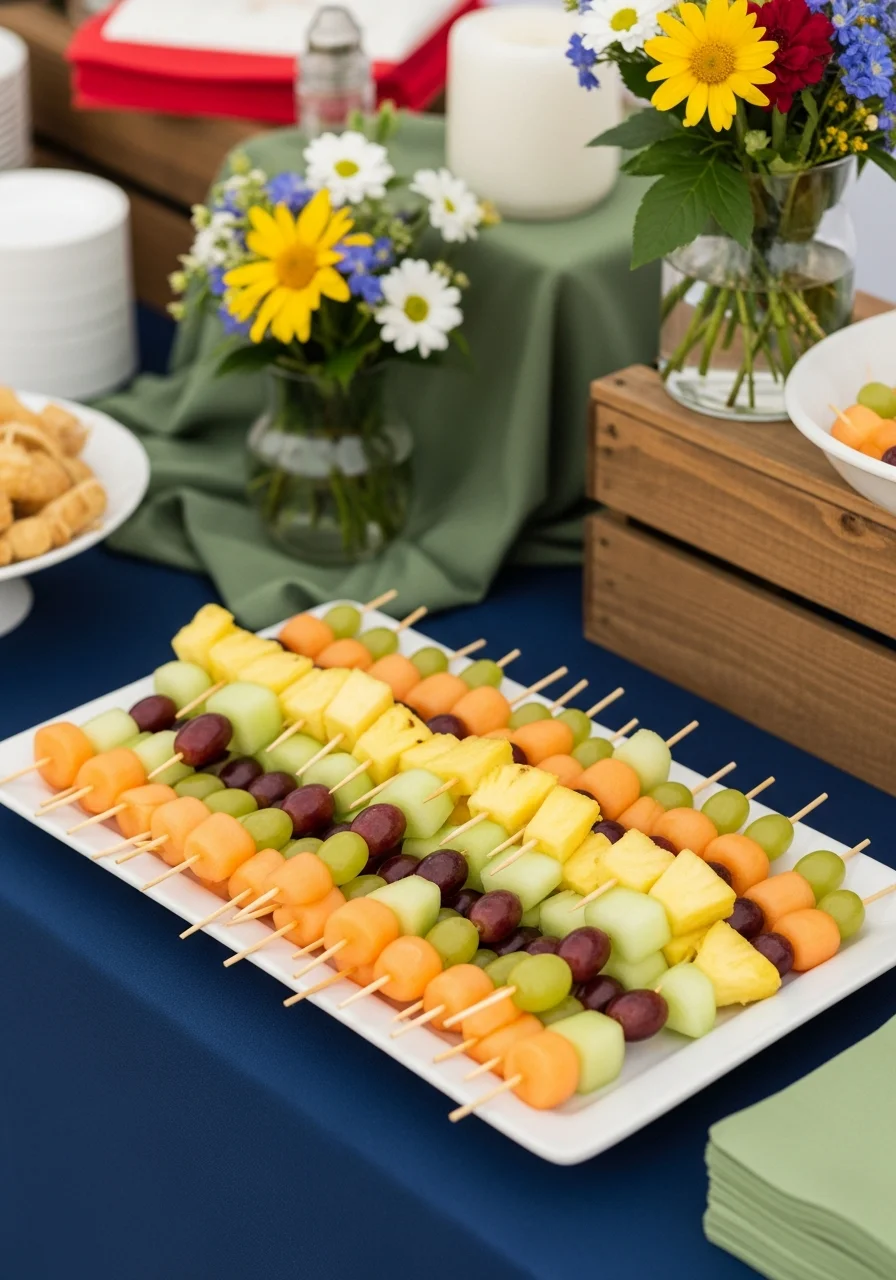 Colorful fruit skewers arranged in rows on a white platter.