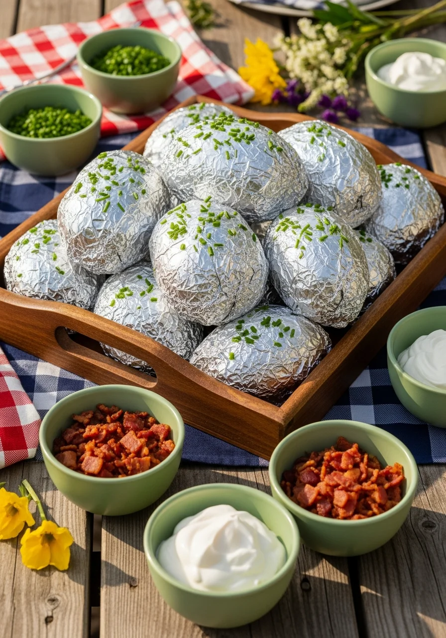 Baked potatoes wrapped in foil next to bowls of sour cream and chives on a wooden tray.