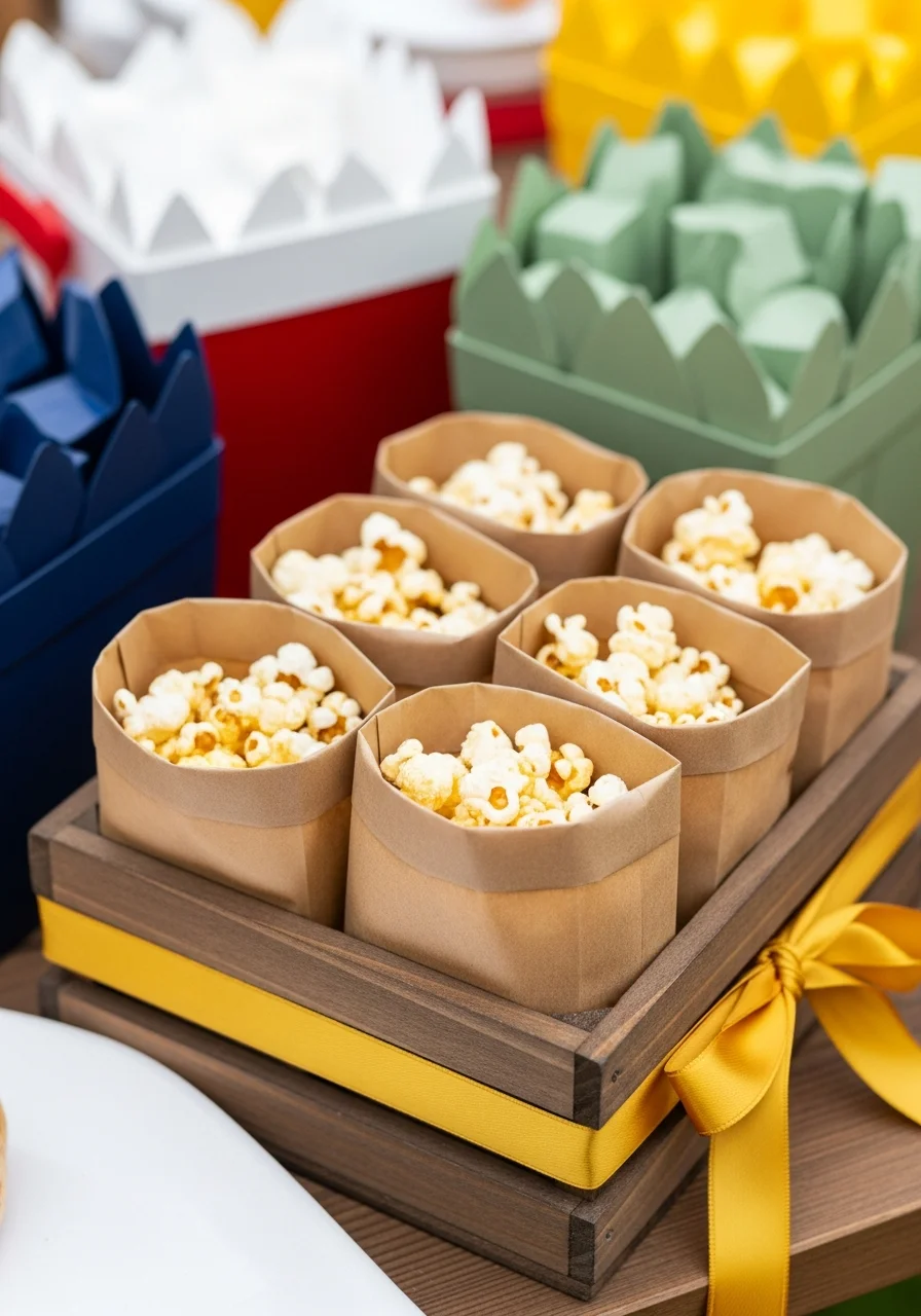 Individual paper bags of popcorn standing in a wooden crate.