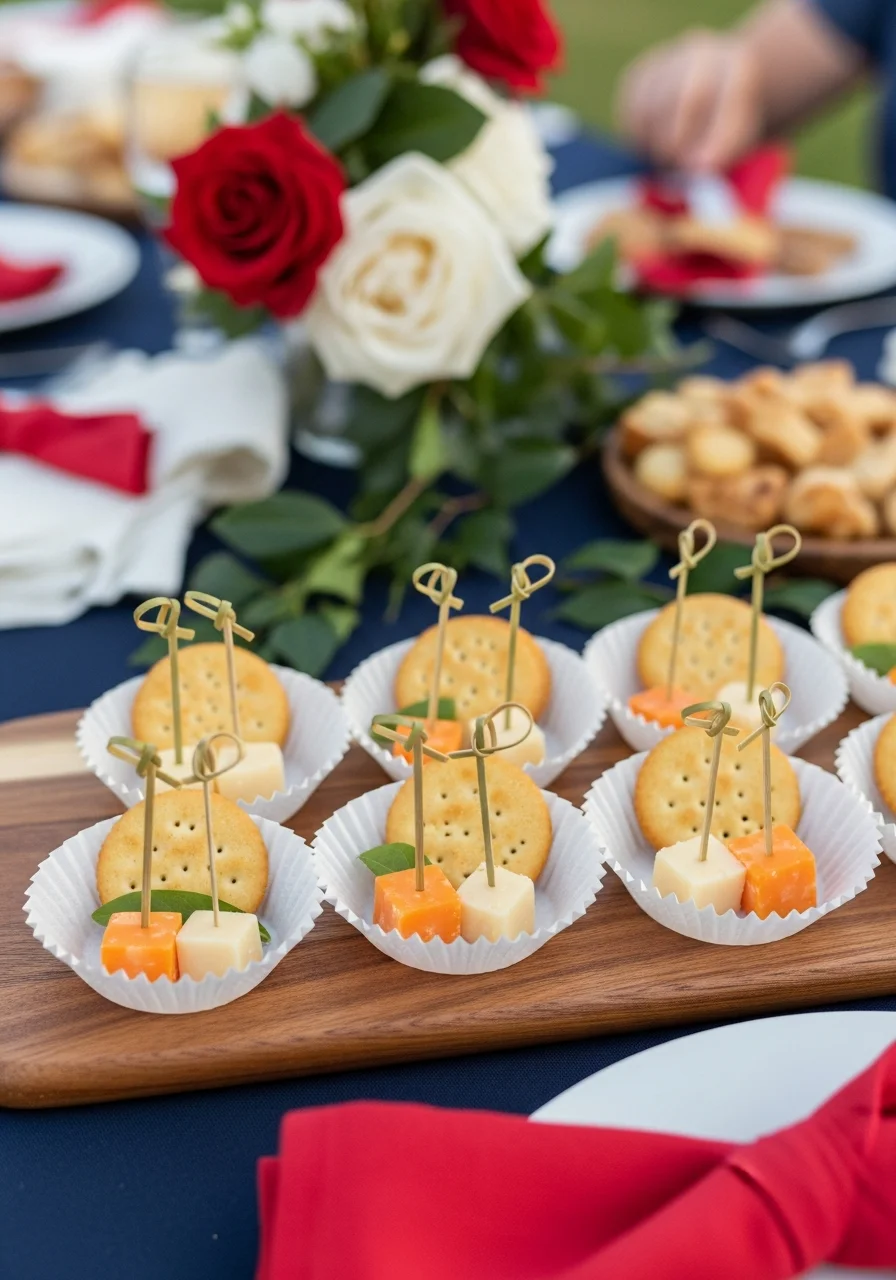 Cheese and crackers portioned into paper liners on a wooden board.