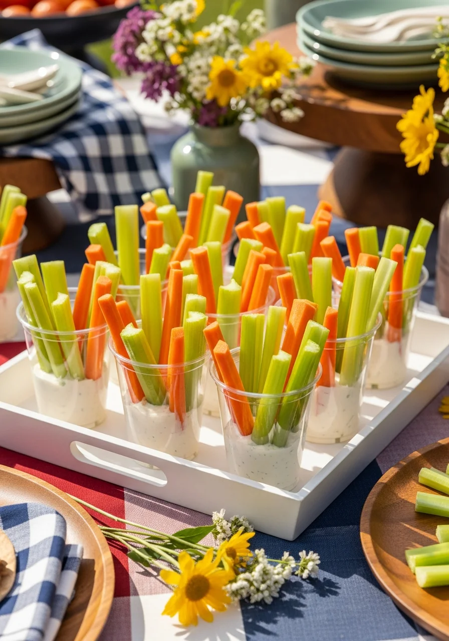 Individual veggie cups with ranch dressing at the bottom.