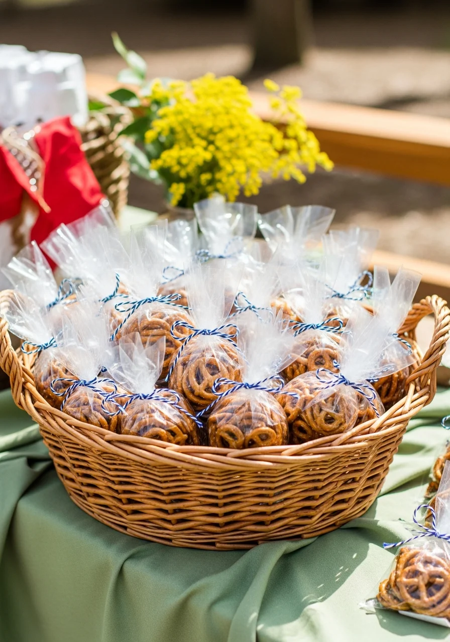 Clear pouches of pretzels tied with twine in a basket.