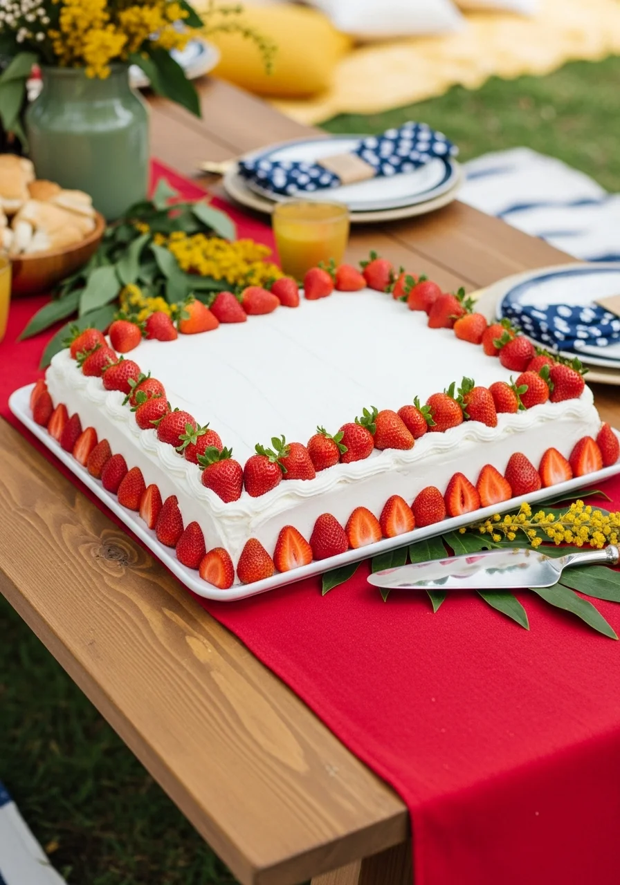 A large frosted sheet cake decorated with strawberries on a wooden table.