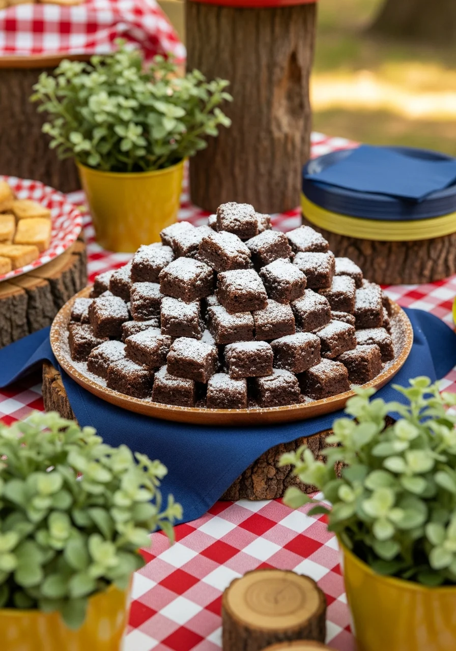 A pile of small brownie bites dusted with powdered sugar.