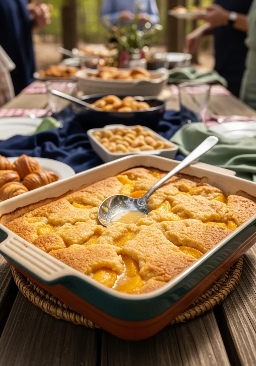 A warm peach cobbler in a ceramic dish with a serving spoon.