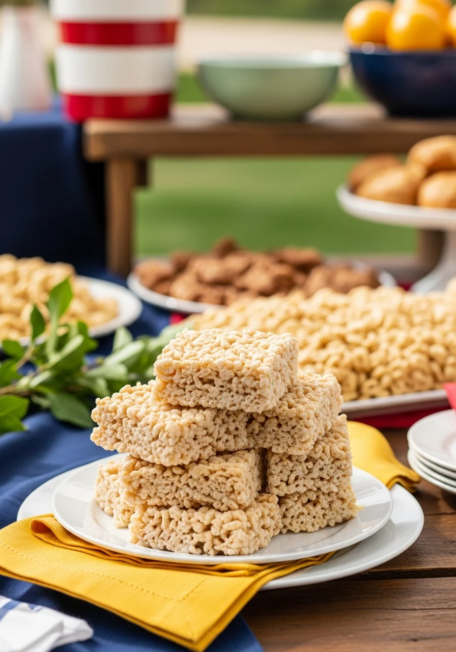 A stack of rice cereal marshmallow treats on a white plate.