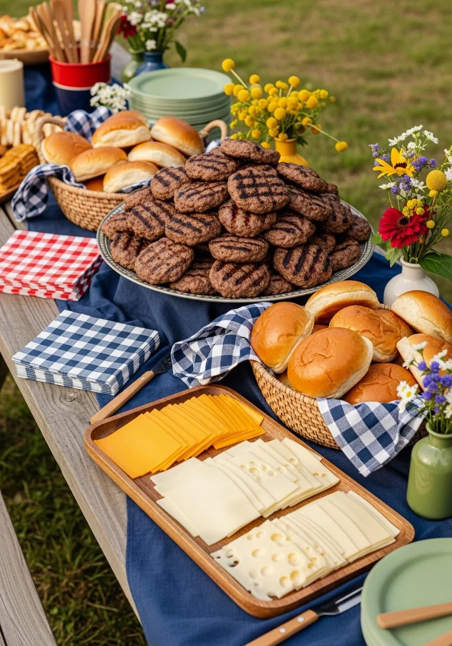 A platter of grilled burgers and baskets of buns on a navy blue tablecloth.