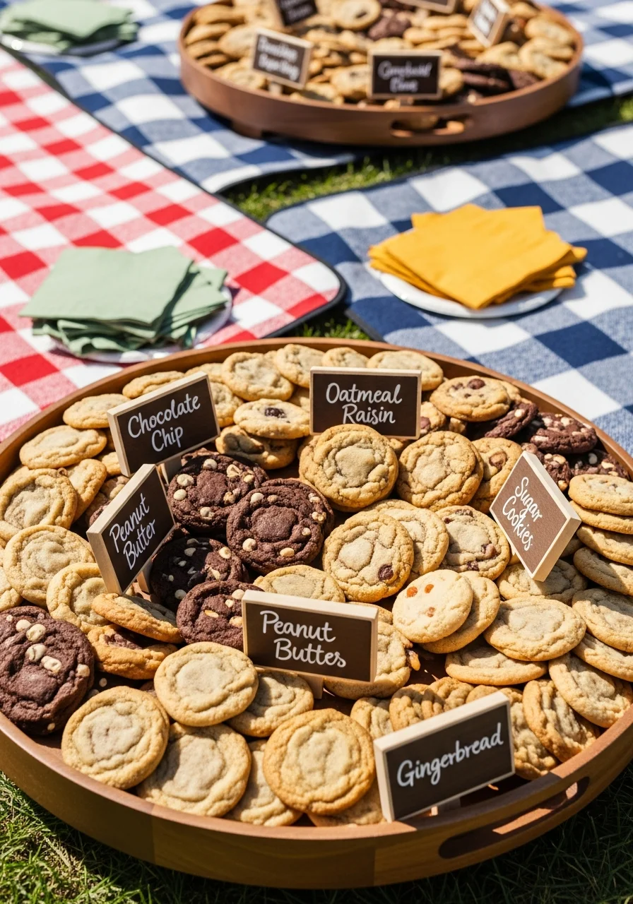 A wooden tray of assorted cookies with small wooden labels.