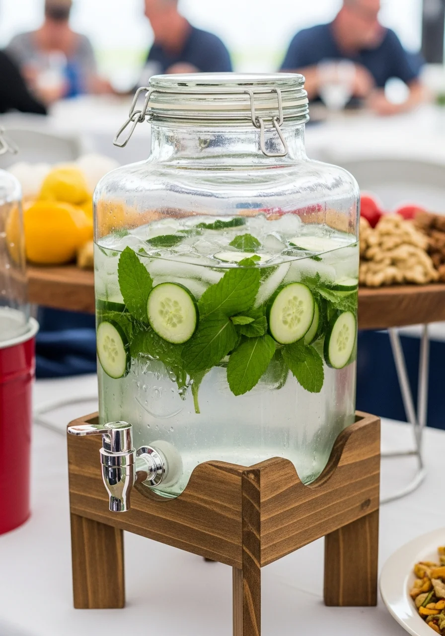 A glass dispenser of cucumber and mint infused water on a wooden stand.