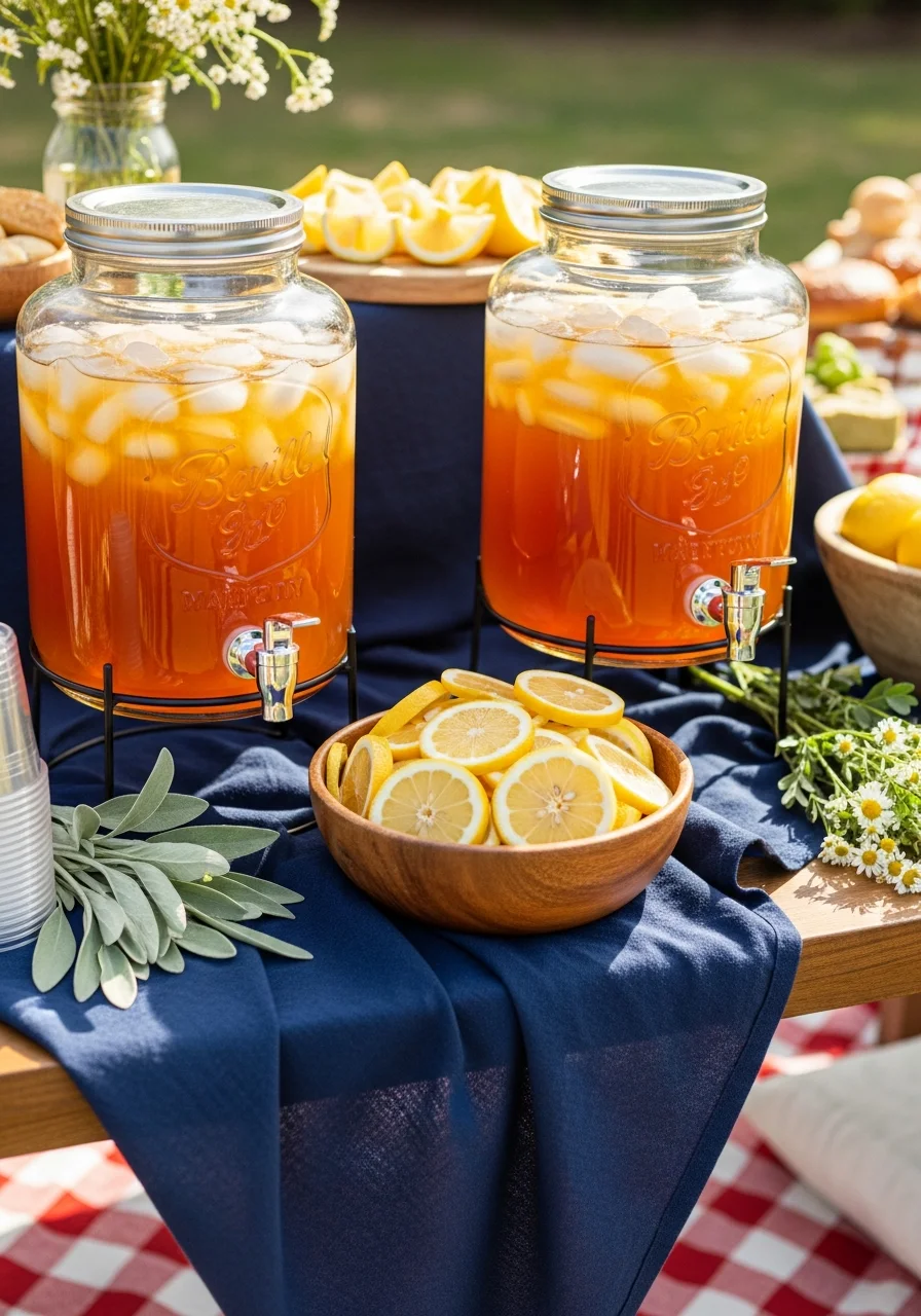 Two tea dispensers on a navy blue cloth with a bowl of lemons.