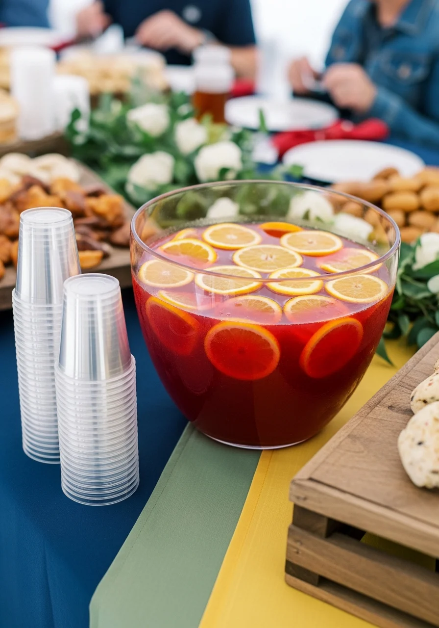 A large bowl of red fruit punch with orange slices and clear cups.
