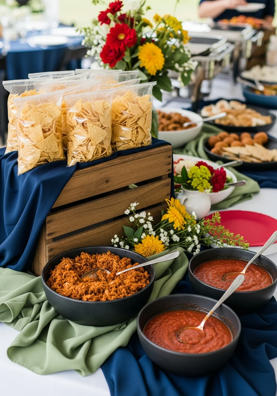 Individual bags of chips in a wooden crate ready for walking tacos.