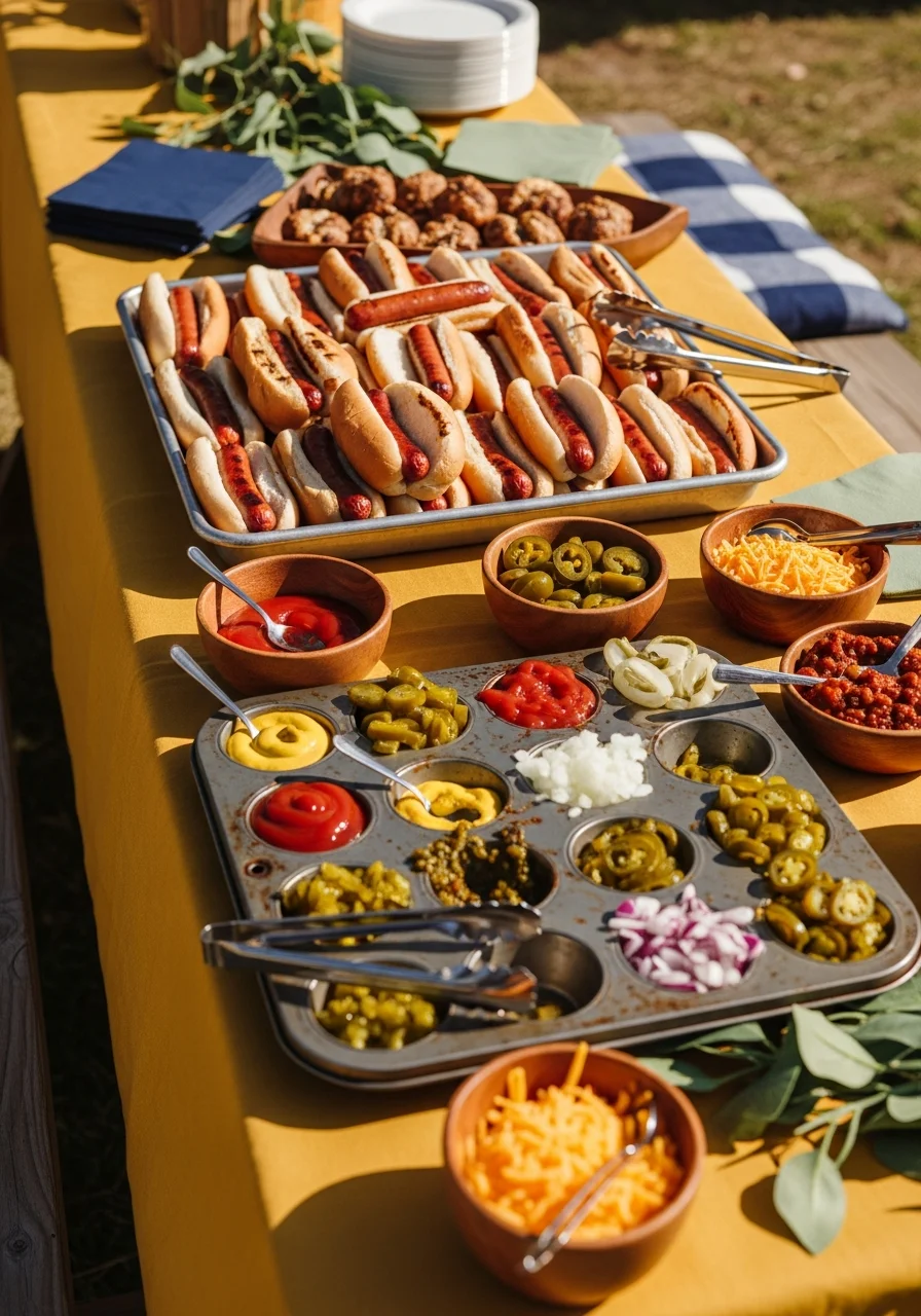 Grilled hot dogs on a tray next to a muffin tin used as a condiment holder.