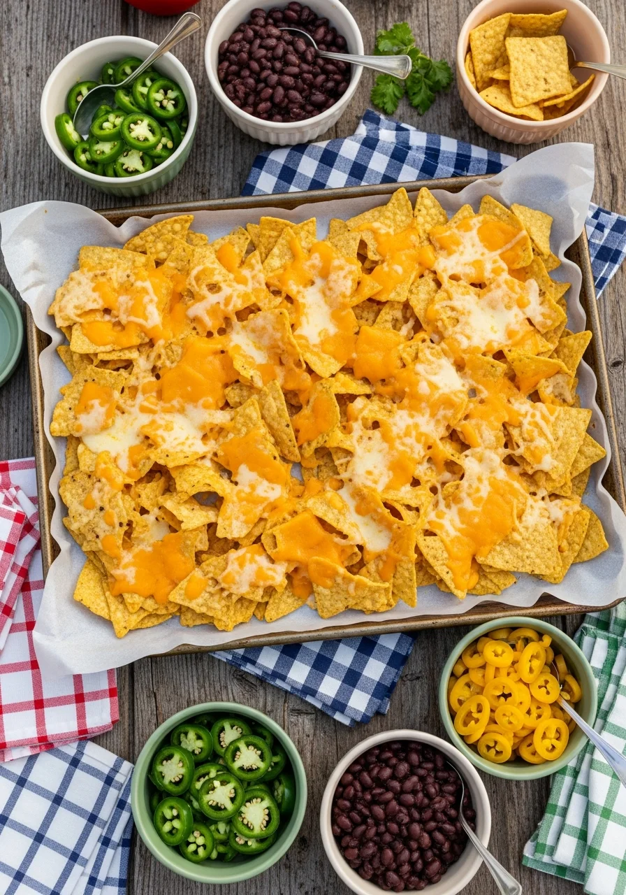 A large tray of nachos with various side toppings on a wooden table.