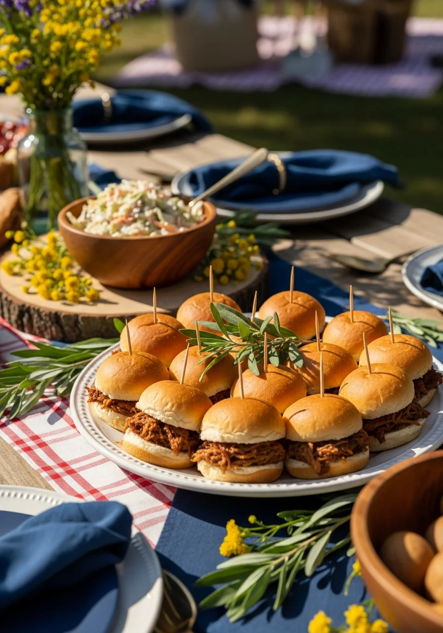 Pulled pork sliders on a white platter with a side of coleslaw.