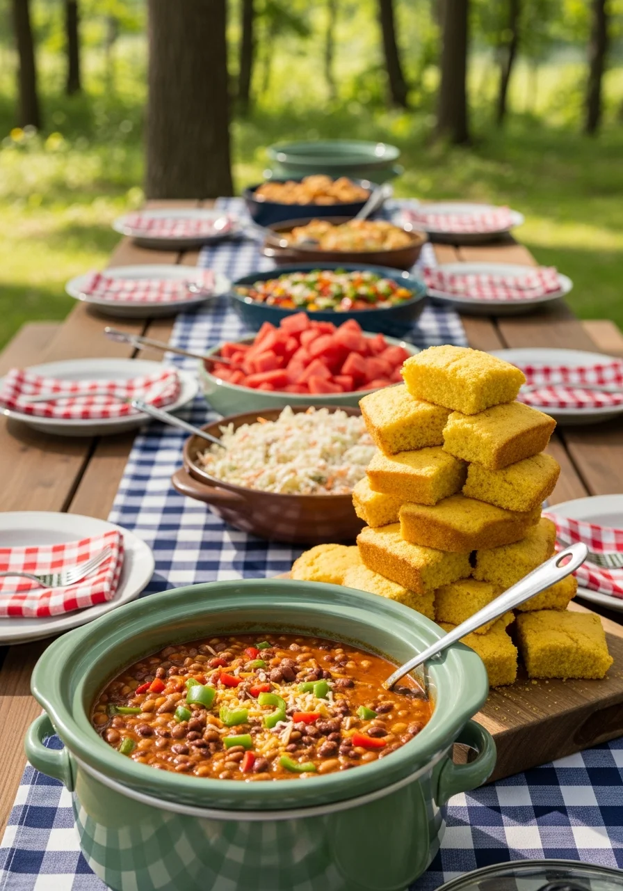 A slow cooker of bean chili next to a stack of cornbread.
