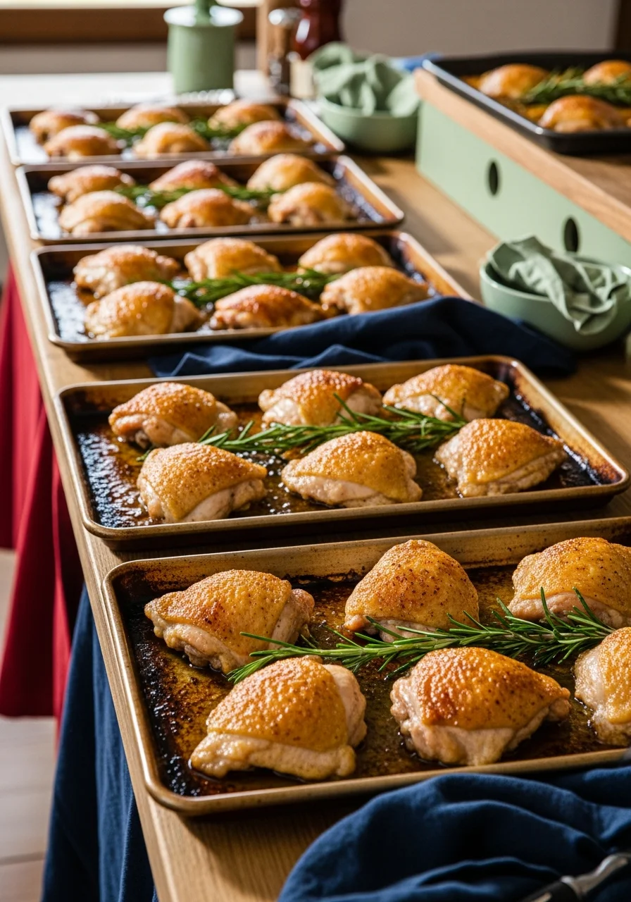 Roasted chicken thighs on sheet pans with rosemary garnish.