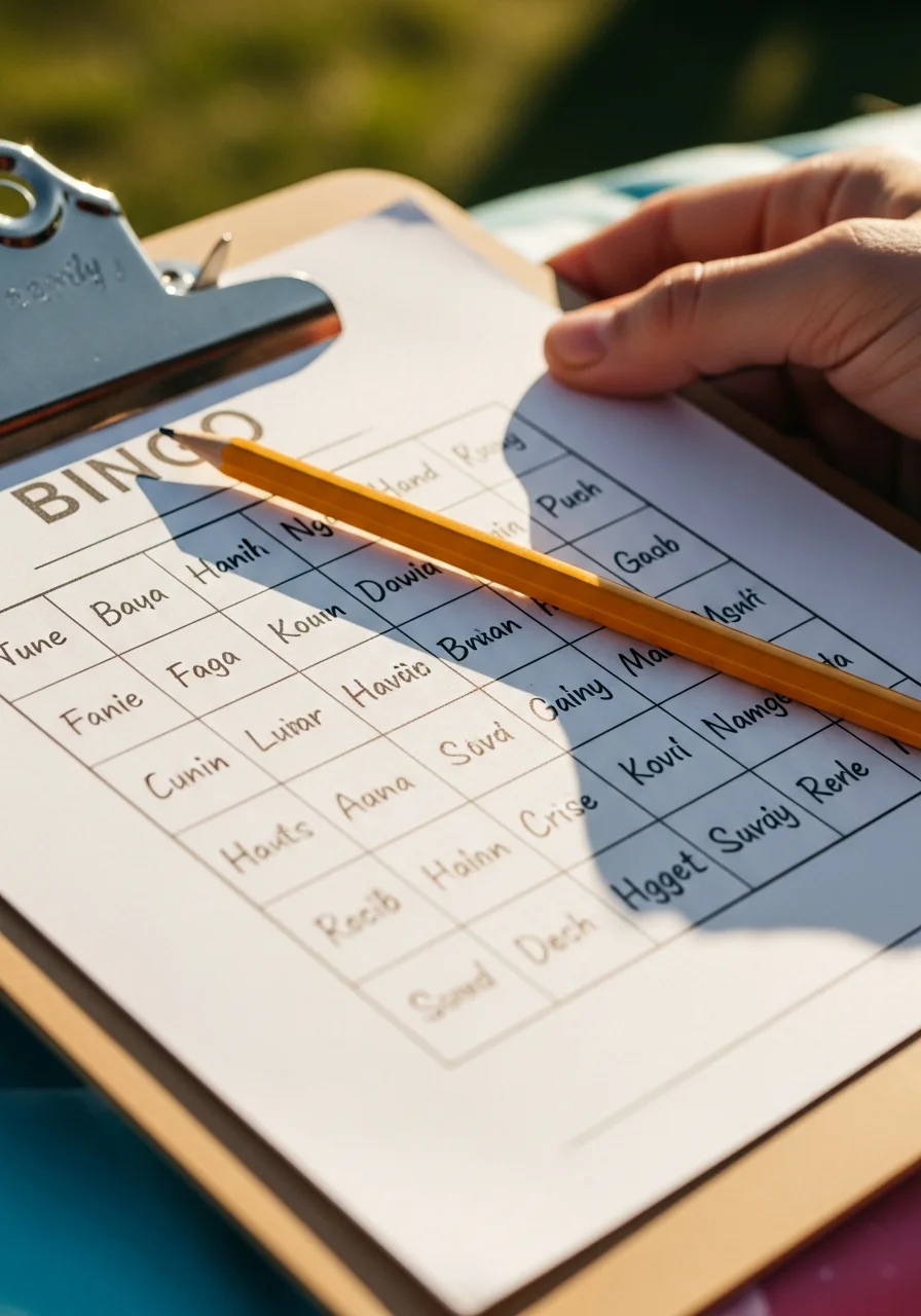 A Bingo card on a clipboard with names handwritten in the squares.