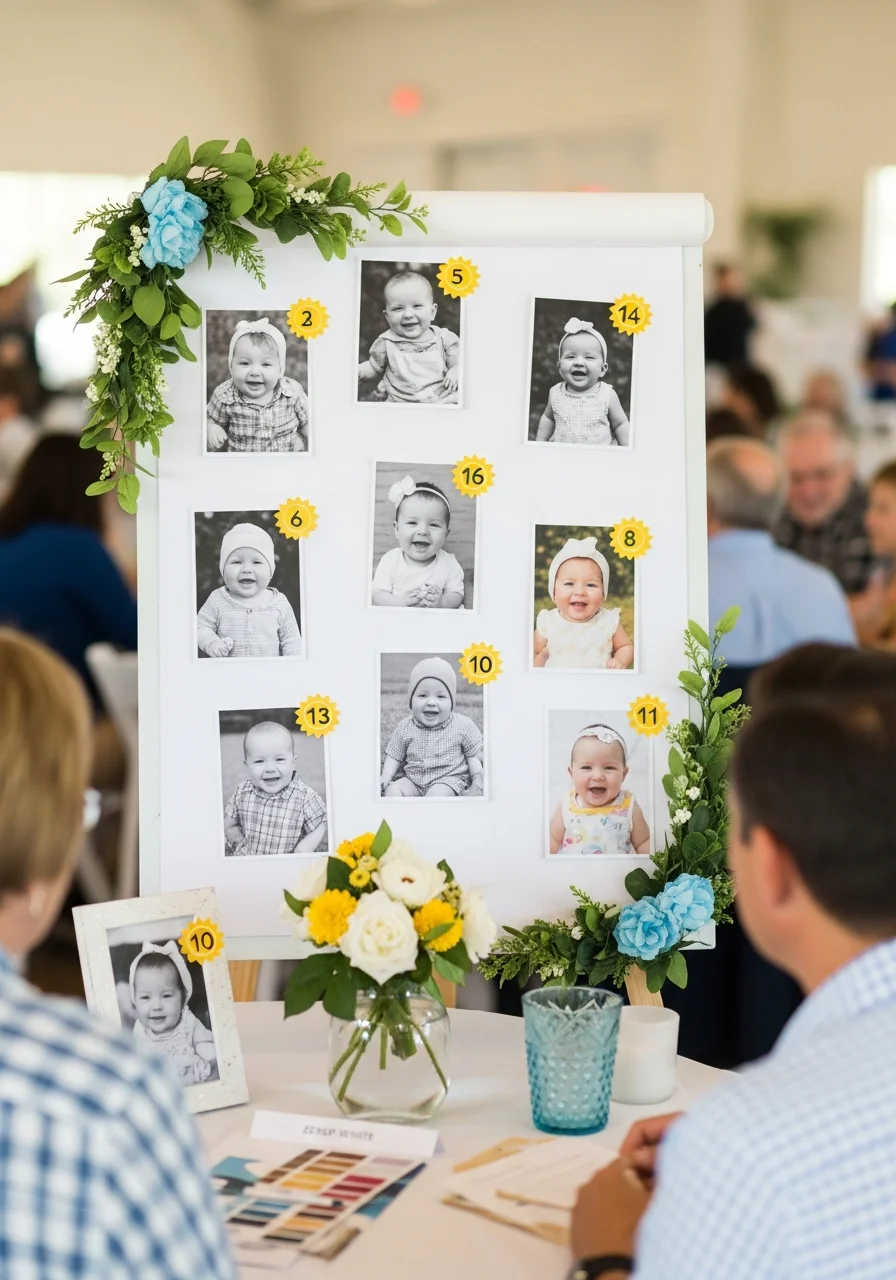 A display board featuring various family baby photos for a guessing game.