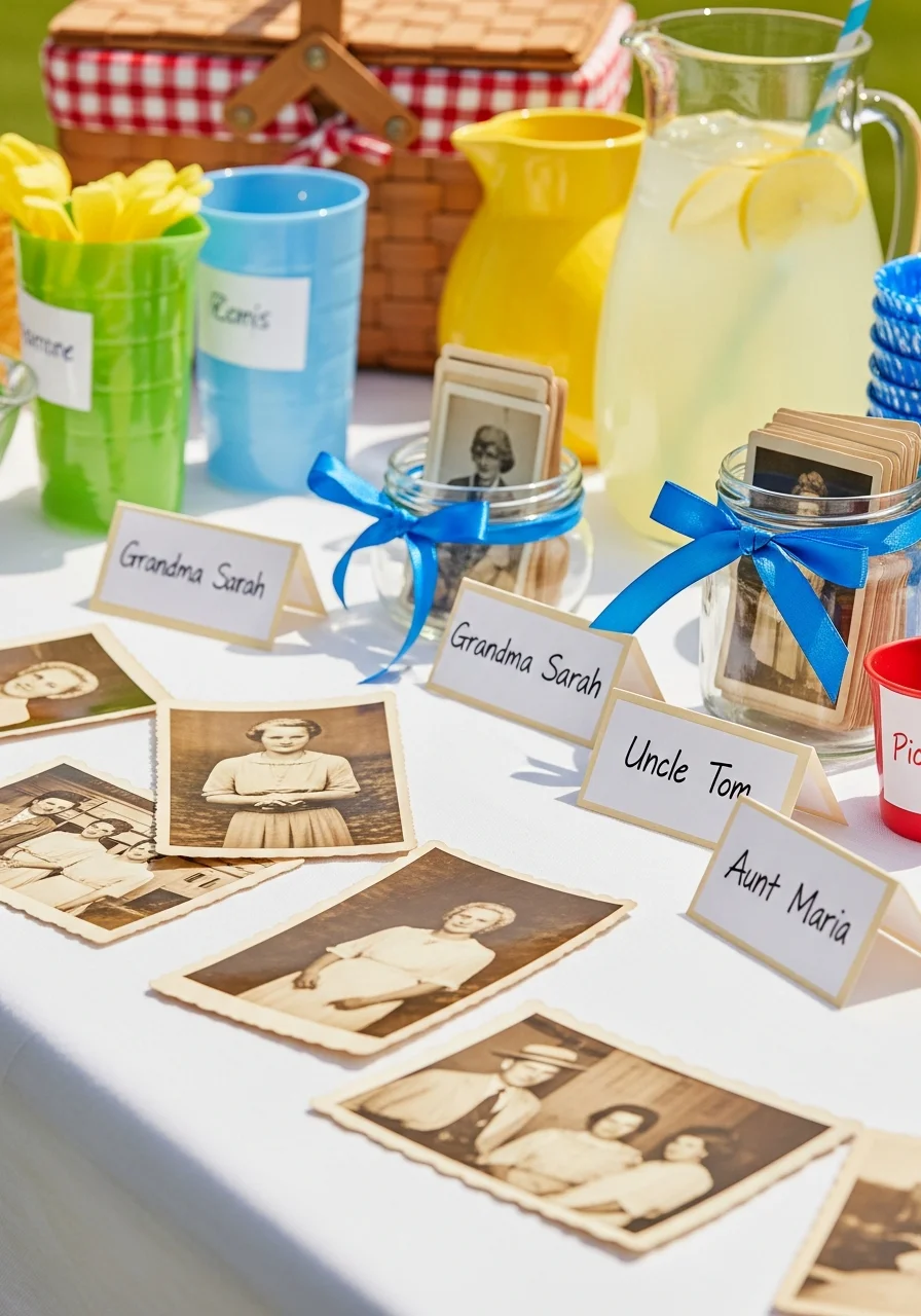 Vintage family photos and name cards arranged on a white tablecloth.