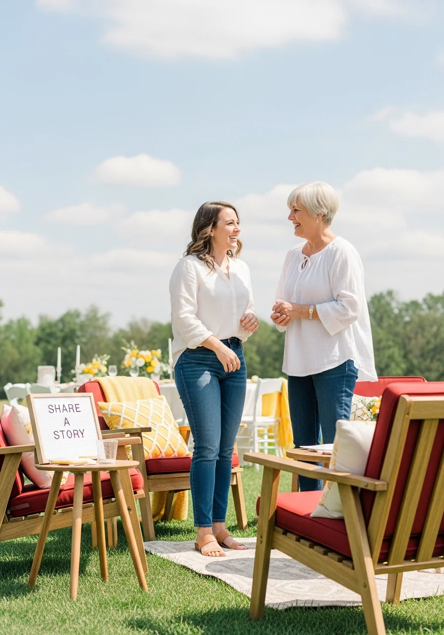 A comfortable outdoor seating area designated for sharing family stories.