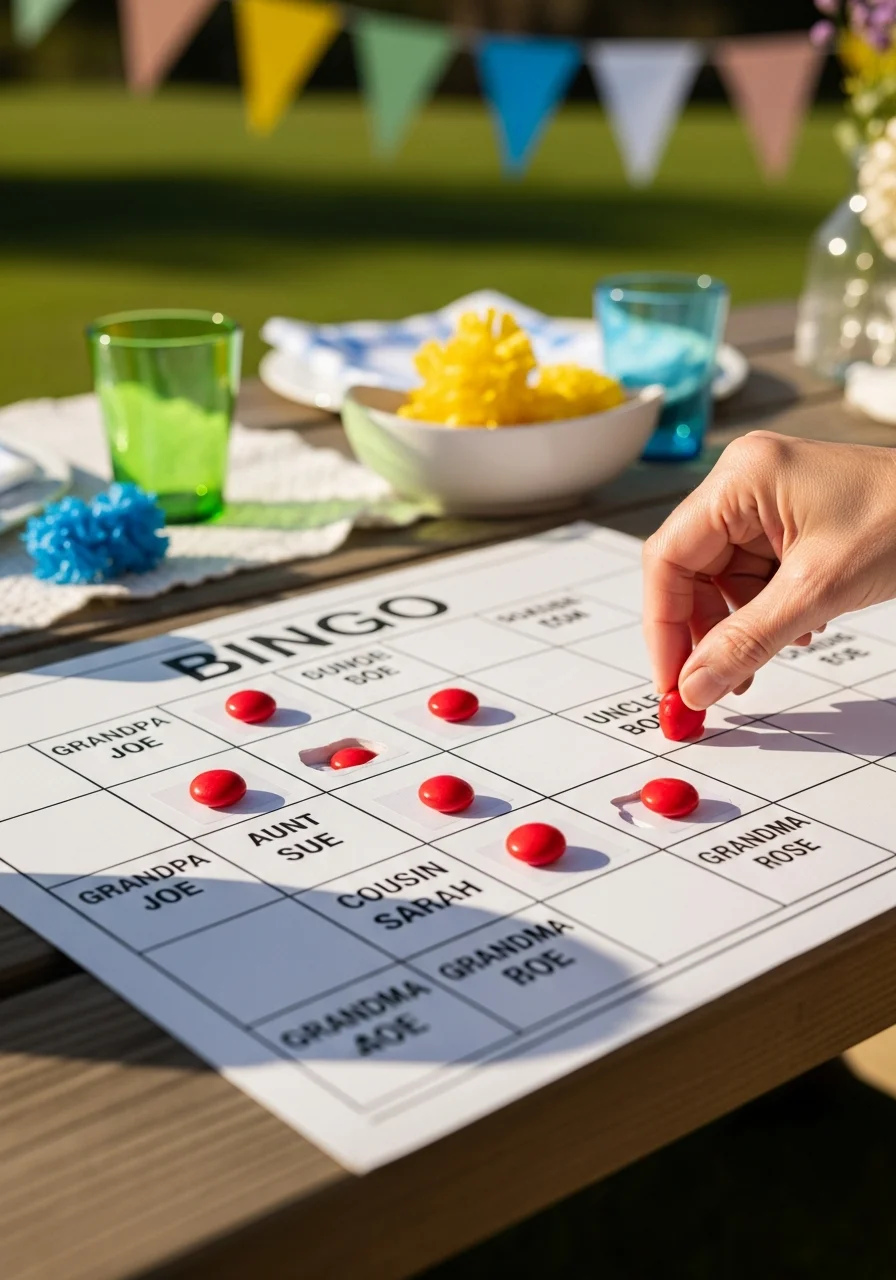 A custom family bingo card with candy markers on a table.