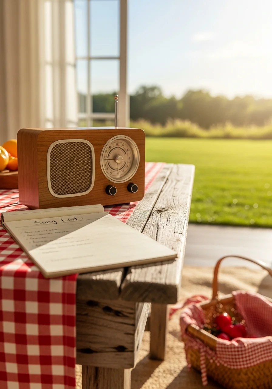 A vintage radio and a notepad on a table for a music guessing game.