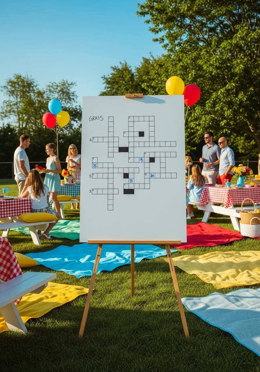 A large hand-drawn crossword puzzle on an easel outdoors.
