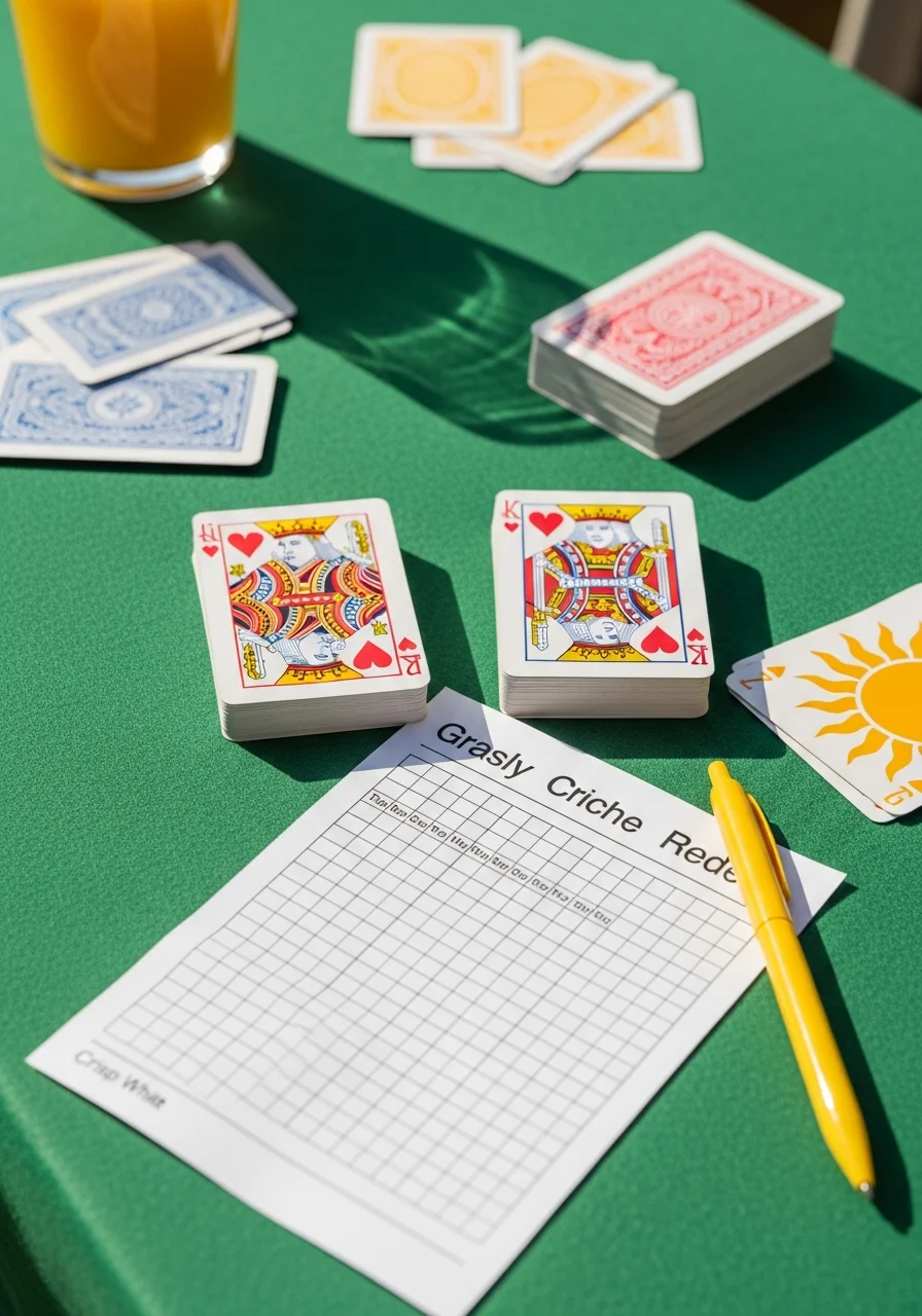 Playing cards and a score sheet on a green felt table.