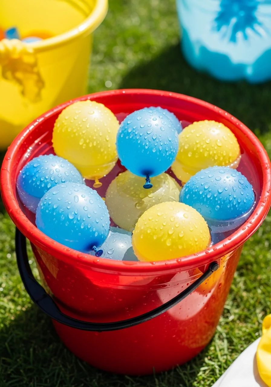 A red bucket full of colorful water balloons on the grass.