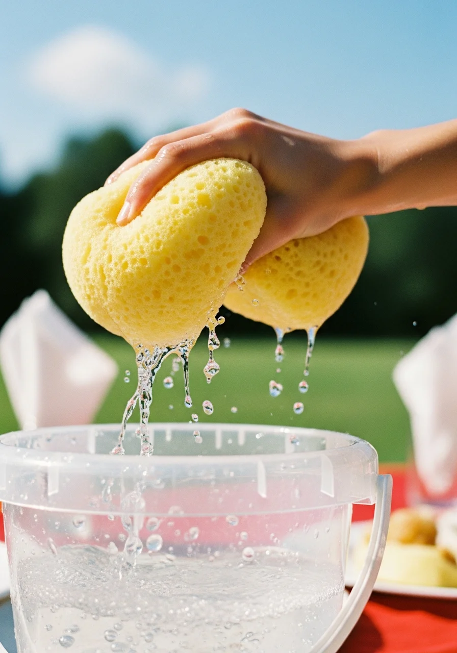 A hand squeezing a wet sponge into a bucket with water splashing.