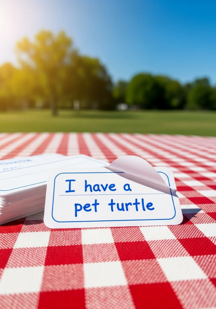 A handwritten fact on the back of a name tag sitting on a picnic table.