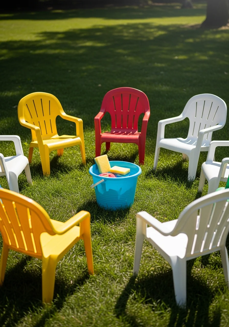 Lawn chairs arranged in a circle around a bucket of water and sponges.