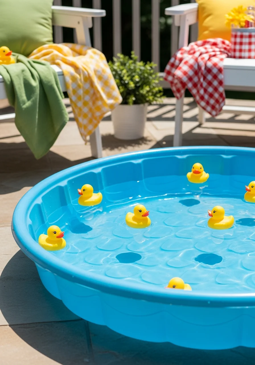 Rubber ducks floating in a blue kiddie pool on a sunny day.