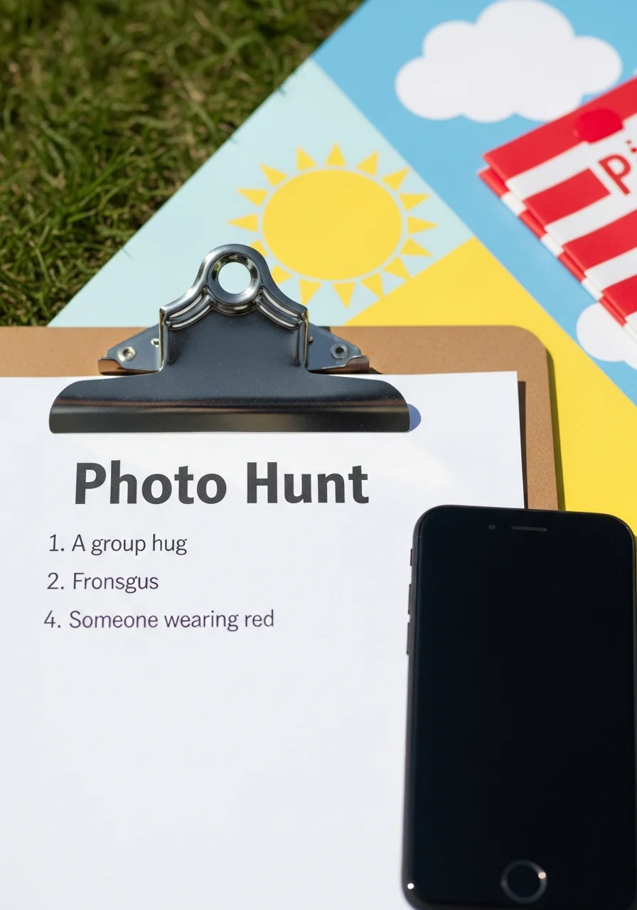 A scavenger hunt list on a clipboard next to a smartphone.